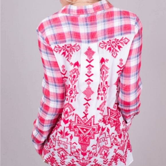 Johnny Was Misha Embroidered Flannel Plaid Shirt red blue S - Picture 4 of 8